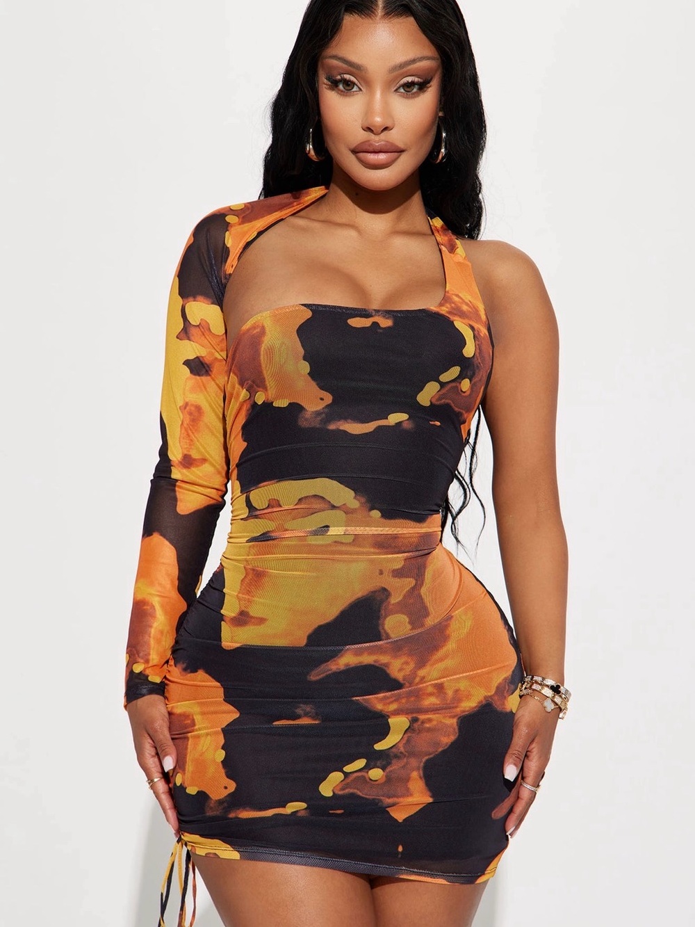 Fashion Nova One-Shoulder Orange & Black Abstract Mini Dress